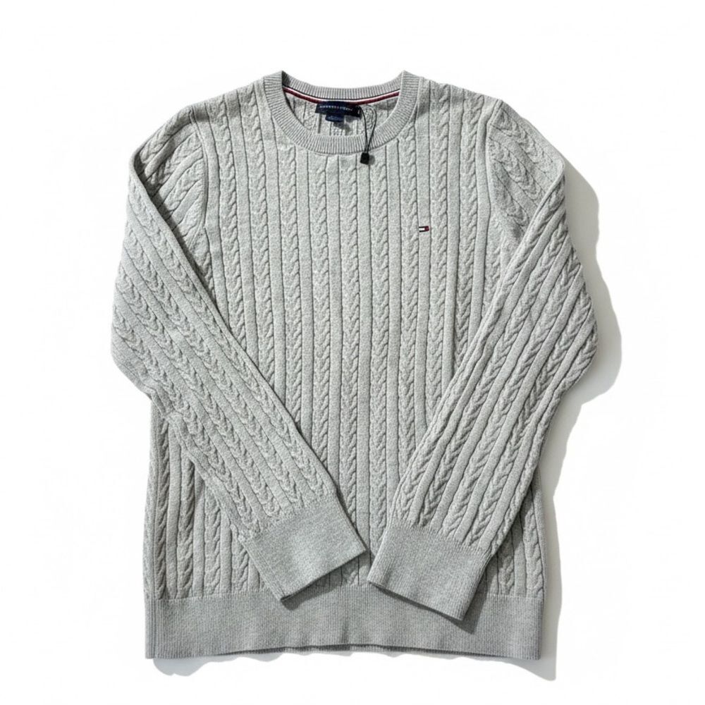 Tommy Hilfiger Cable Knit Sweater Women’s Medium Gray Classic Crewneck Pullover